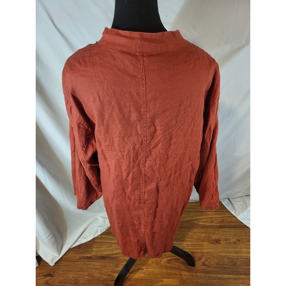 Tahari 100% Linen Button Up Shirt Tunic Rust Orange Long Sleeve Roll Tab Size 1X - Picture 4 of 5